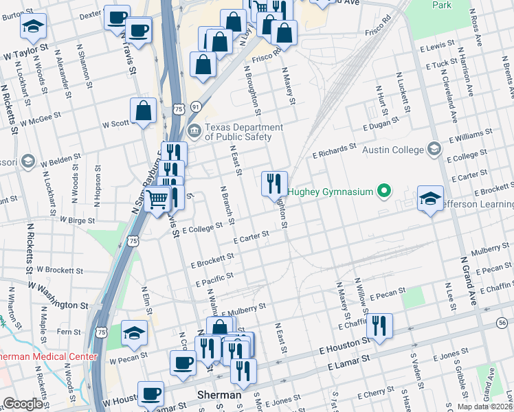 map of restaurants, bars, coffee shops, grocery stores, and more near 522 East College Street in Sherman
