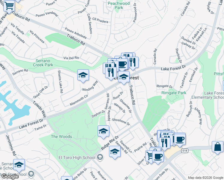 map of restaurants, bars, coffee shops, grocery stores, and more near 21841 Zuni Drive in Lake Forest