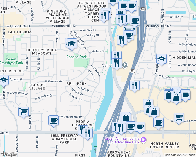 map of restaurants, bars, coffee shops, grocery stores, and more near 17431 North 84th Avenue in Peoria
