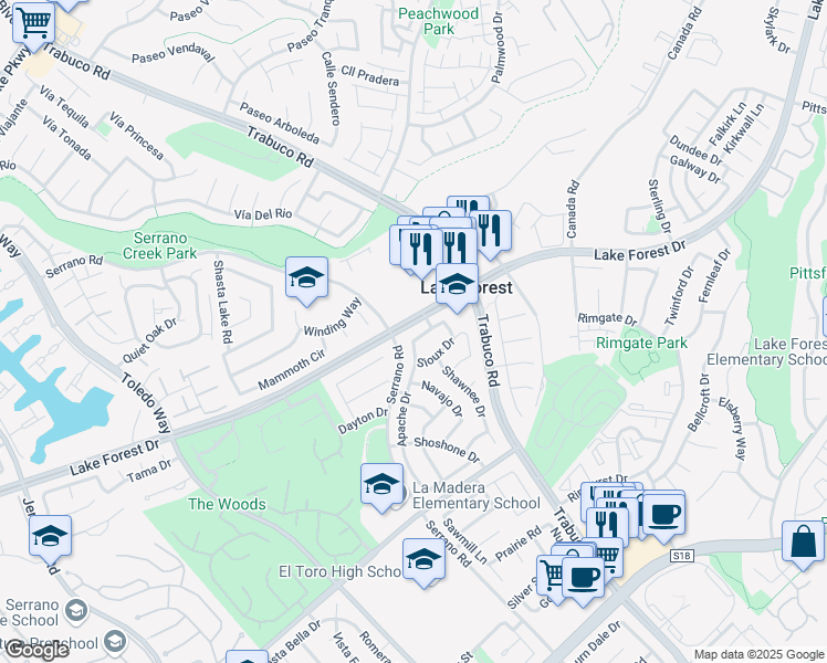 map of restaurants, bars, coffee shops, grocery stores, and more near 21841 Zuni Drive in Lake Forest