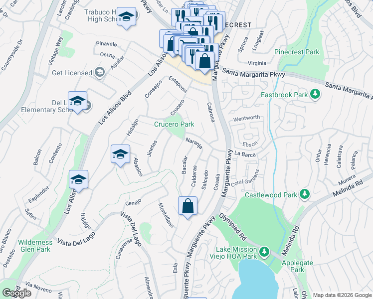 map of restaurants, bars, coffee shops, grocery stores, and more near 21881 Bacalar in Mission Viejo