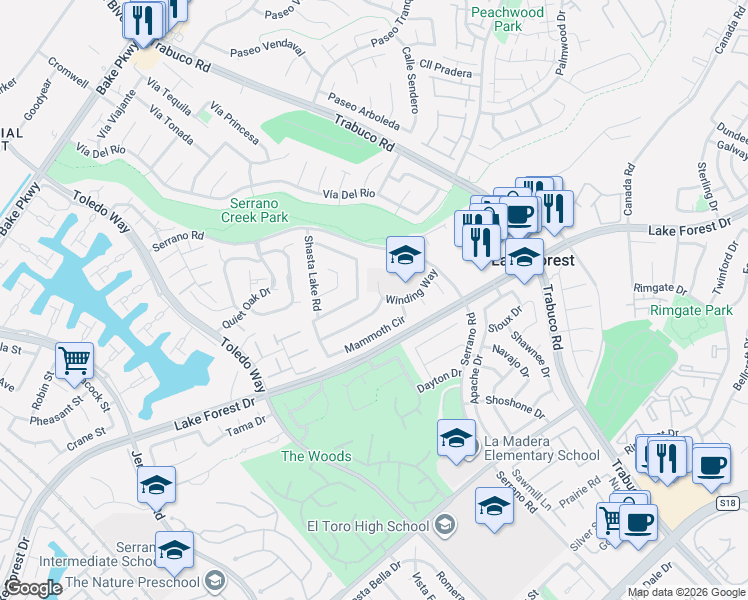 map of restaurants, bars, coffee shops, grocery stores, and more near 25111 Shaver Lake Circle in Lake Forest