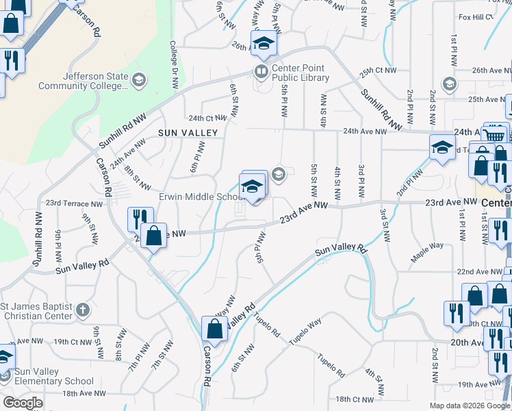 map of restaurants, bars, coffee shops, grocery stores, and more near 532 23rd Avenue Northwest in Center Point