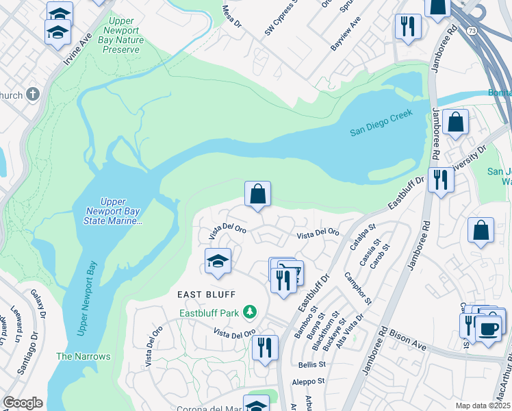 map of restaurants, bars, coffee shops, grocery stores, and more near 2641 Vista Ornada in Newport Beach