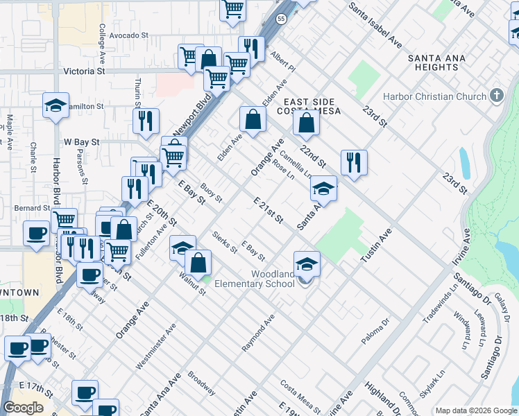 map of restaurants, bars, coffee shops, grocery stores, and more near 233 East 21st Street in Costa Mesa