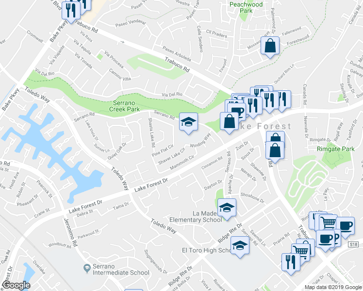 map of restaurants, bars, coffee shops, grocery stores, and more near 25111 Shaver Lake Circle in Lake Forest