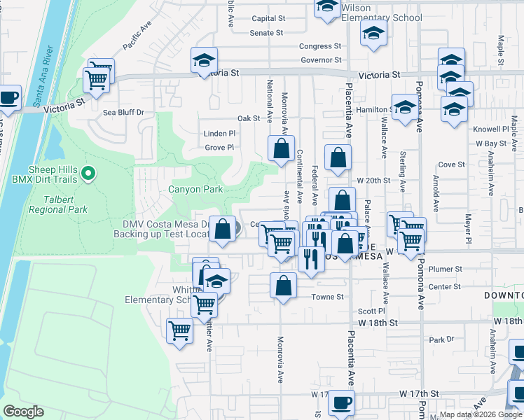 map of restaurants, bars, coffee shops, grocery stores, and more near 939 Dogwood Street in Costa Mesa