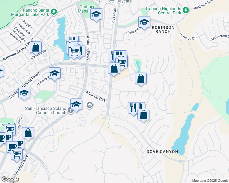 map of restaurants, bars, coffee shops, grocery stores, and more near 31785 Vía Del Viento in Trabuco Canyon
