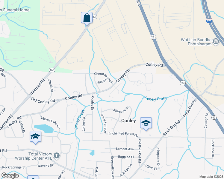 map of restaurants, bars, coffee shops, grocery stores, and more near 3965 Keystone Place in Conley