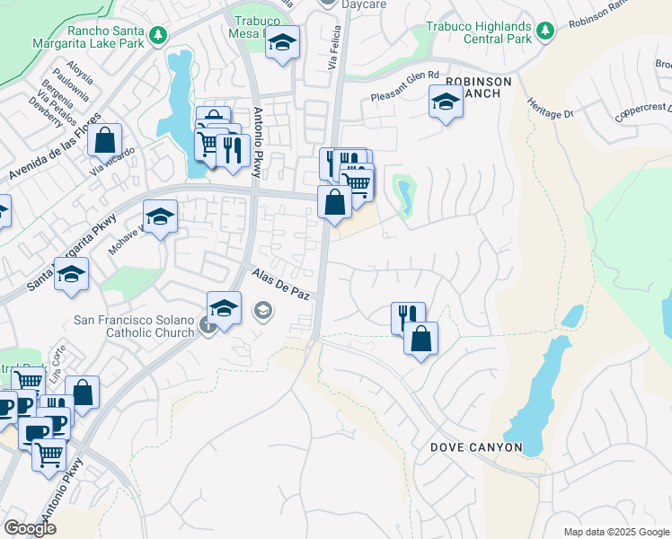 map of restaurants, bars, coffee shops, grocery stores, and more near 31785 Vía Del Viento in Trabuco Canyon