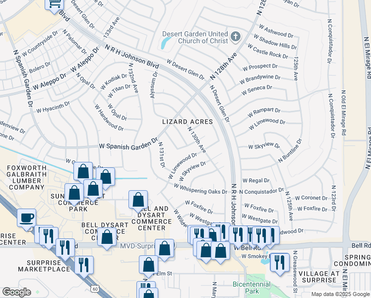 map of restaurants, bars, coffee shops, grocery stores, and more near 13019 West Rampart Drive in Sun City West