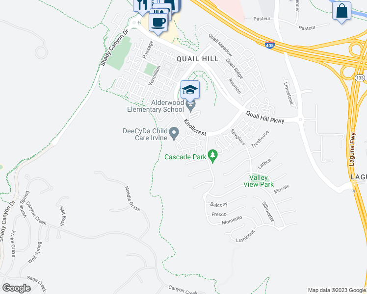 map of restaurants, bars, coffee shops, grocery stores, and more near 38 Canopy in Irvine