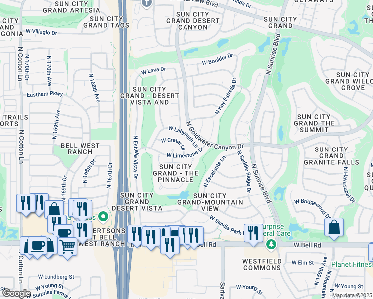 map of restaurants, bars, coffee shops, grocery stores, and more near 16344 West Crater Lane in Surprise