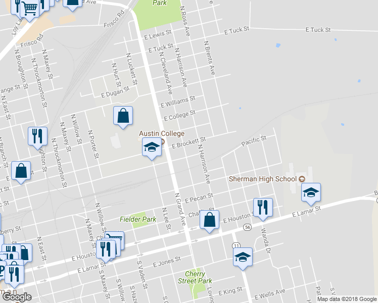 map of restaurants, bars, coffee shops, grocery stores, and more near 611 North Cleveland Avenue in Sherman