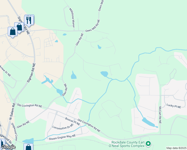 map of restaurants, bars, coffee shops, grocery stores, and more near 2557 Glendale Drive Northeast in Conyers