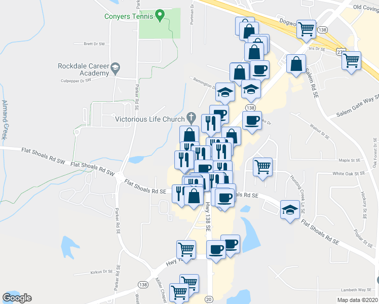 map of restaurants, bars, coffee shops, grocery stores, and more near 1705 Georgia 138 in Conyers
