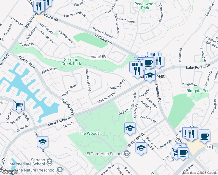 map of restaurants, bars, coffee shops, grocery stores, and more near 21801 Winding Way in Lake Forest