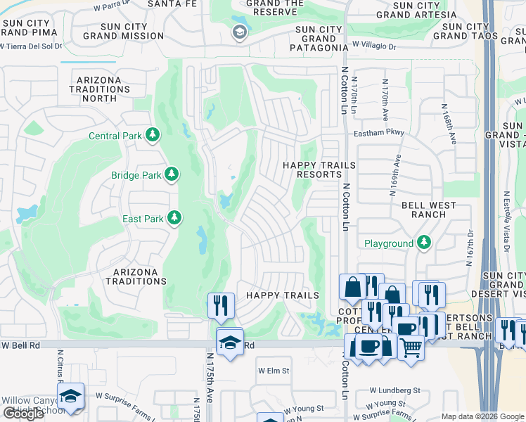 map of restaurants, bars, coffee shops, grocery stores, and more near 17550-17748 North Appaloosa in Surprise