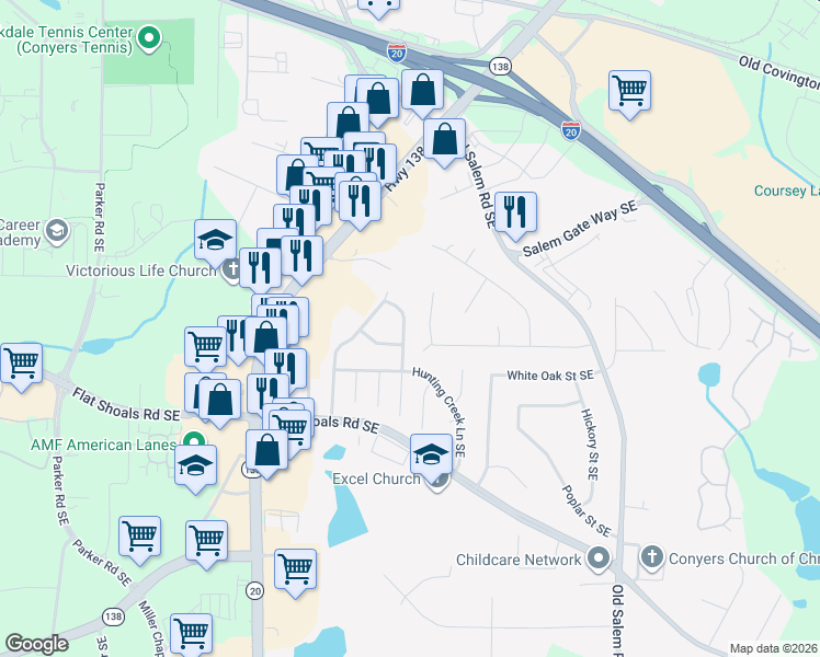 map of restaurants, bars, coffee shops, grocery stores, and more near 1683 Winchester Way Southeast in Conyers