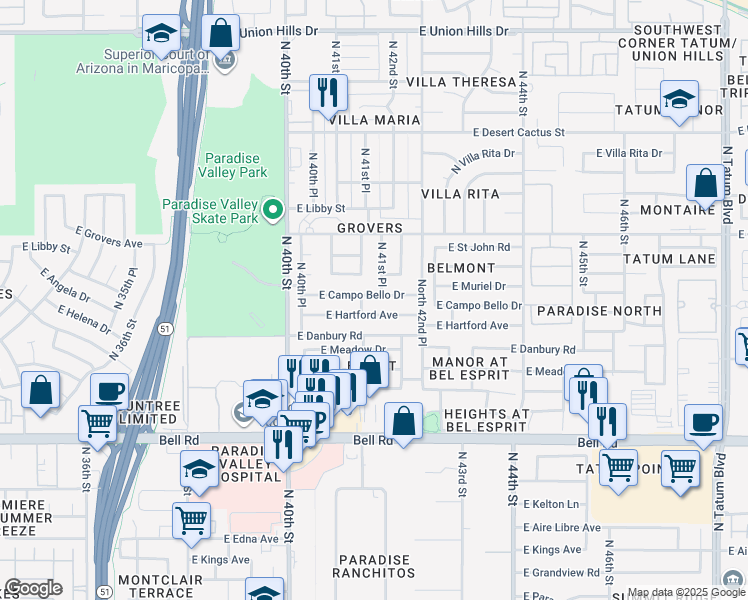 map of restaurants, bars, coffee shops, grocery stores, and more near 4067 East Hartford Avenue in Phoenix