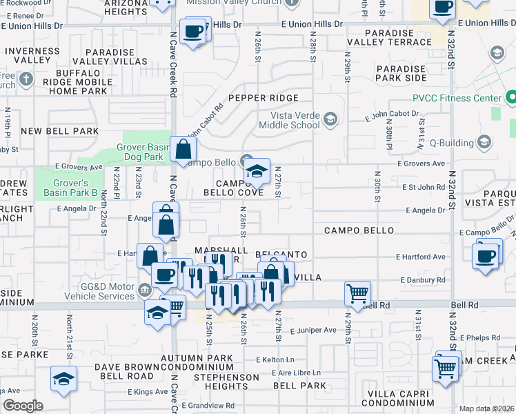 map of restaurants, bars, coffee shops, grocery stores, and more near 2610 East Helena Drive in Phoenix