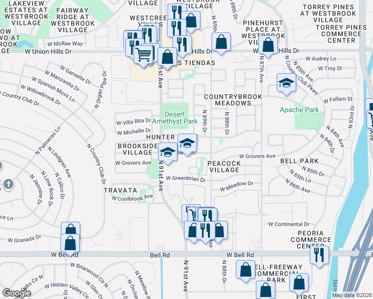 map of restaurants, bars, coffee shops, grocery stores, and more near 8977 West Athens Street in Peoria