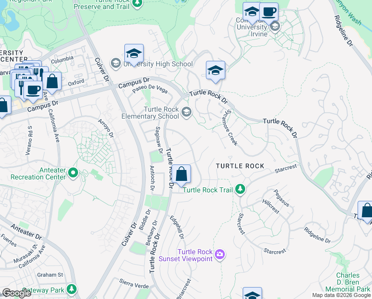 map of restaurants, bars, coffee shops, grocery stores, and more near 18751 Via San Marco in Irvine