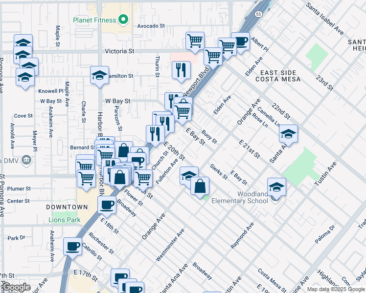 map of restaurants, bars, coffee shops, grocery stores, and more near 144 East 20th Street in Costa Mesa