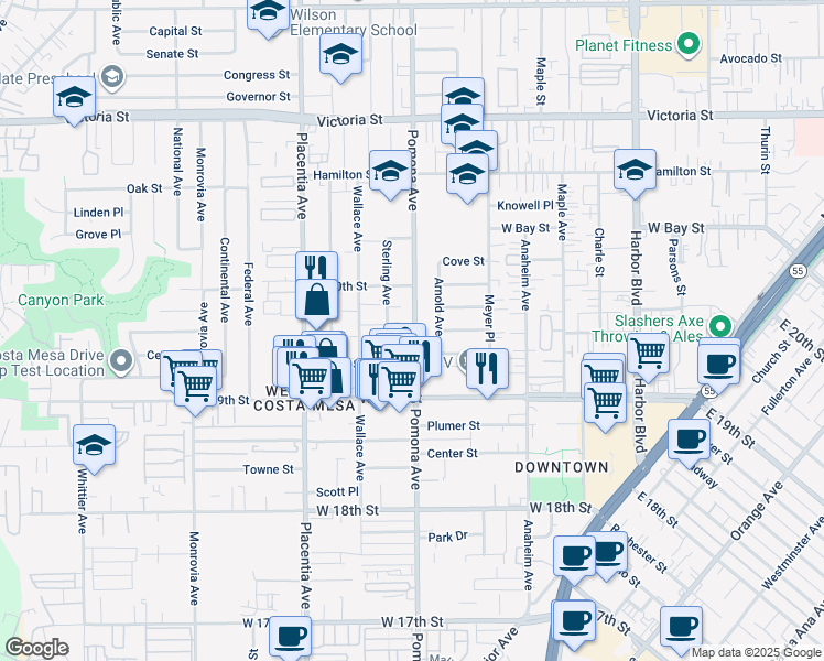 map of restaurants, bars, coffee shops, grocery stores, and more near 1941 Pomona Avenue in Costa Mesa