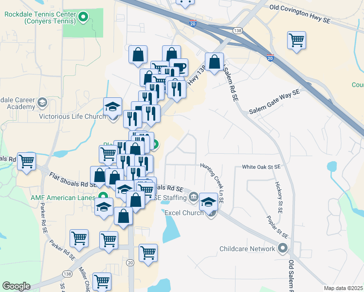 map of restaurants, bars, coffee shops, grocery stores, and more near 1701 Hunting Creek Drive Southeast in Conyers
