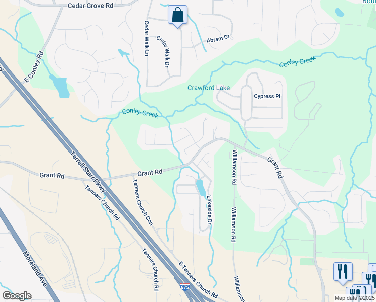 map of restaurants, bars, coffee shops, grocery stores, and more near 2535 Brookgate Crossing in Ellenwood