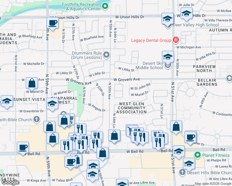 map of restaurants, bars, coffee shops, grocery stores, and more near 17646 North 54th Lane in Glendale