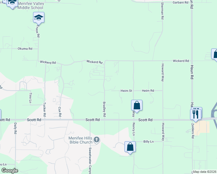 map of restaurants, bars, coffee shops, grocery stores, and more near 32850 Bradley Road in Menifee