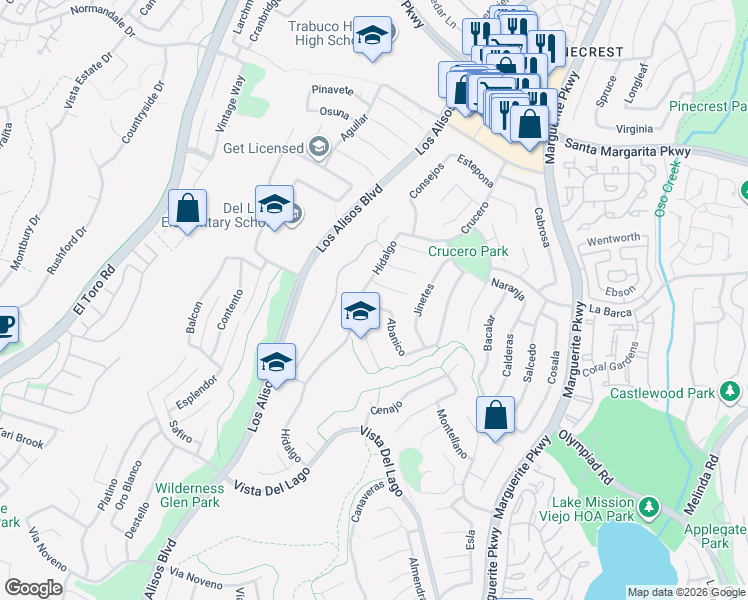 map of restaurants, bars, coffee shops, grocery stores, and more near 27415 Sereno in Mission Viejo