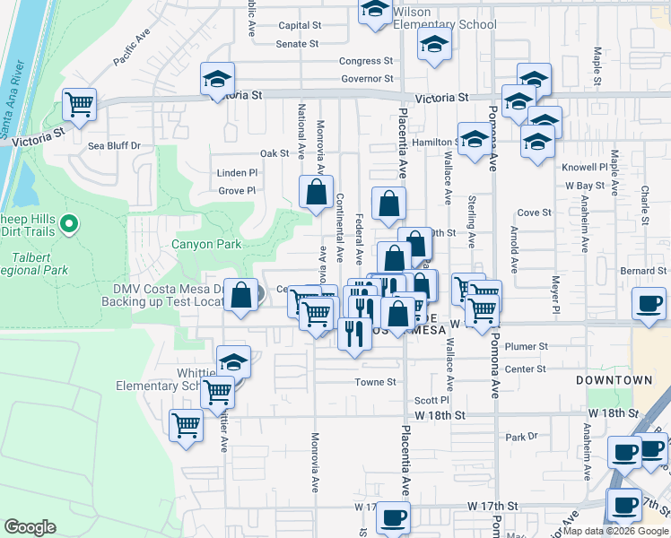 map of restaurants, bars, coffee shops, grocery stores, and more near 900 Cedar Place in Costa Mesa