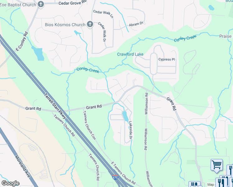 map of restaurants, bars, coffee shops, grocery stores, and more near 2535 Brookgate Crossing in Ellenwood