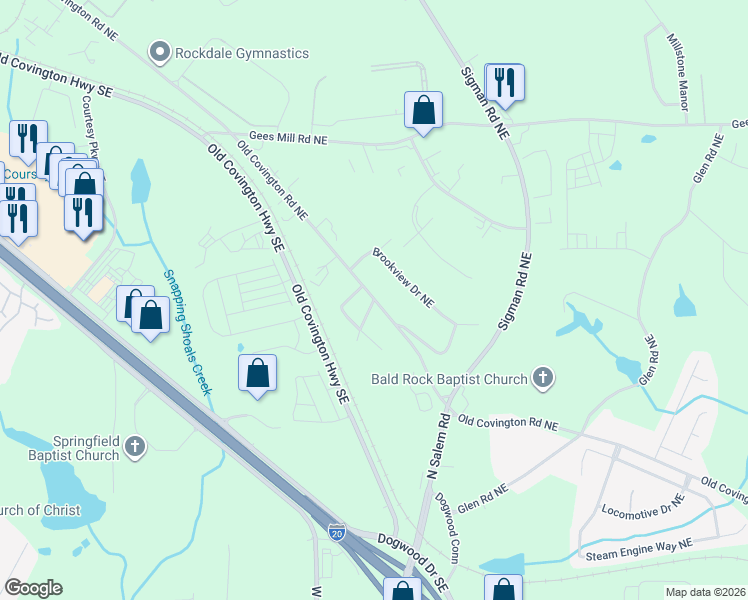map of restaurants, bars, coffee shops, grocery stores, and more near 2081 Old Covington Road Northeast in Conyers