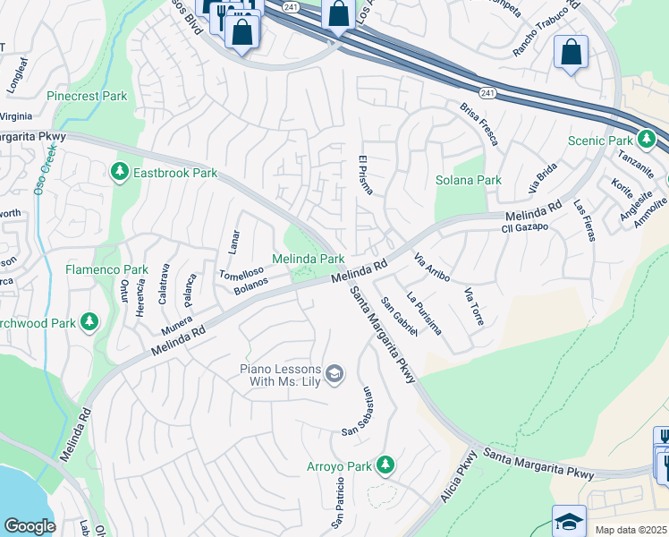 map of restaurants, bars, coffee shops, grocery stores, and more near 28951 Melinda Road in Mission Viejo