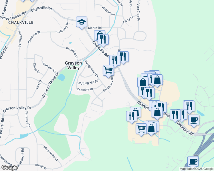 map of restaurants, bars, coffee shops, grocery stores, and more near 2542 Hampstead Drive in Birmingham