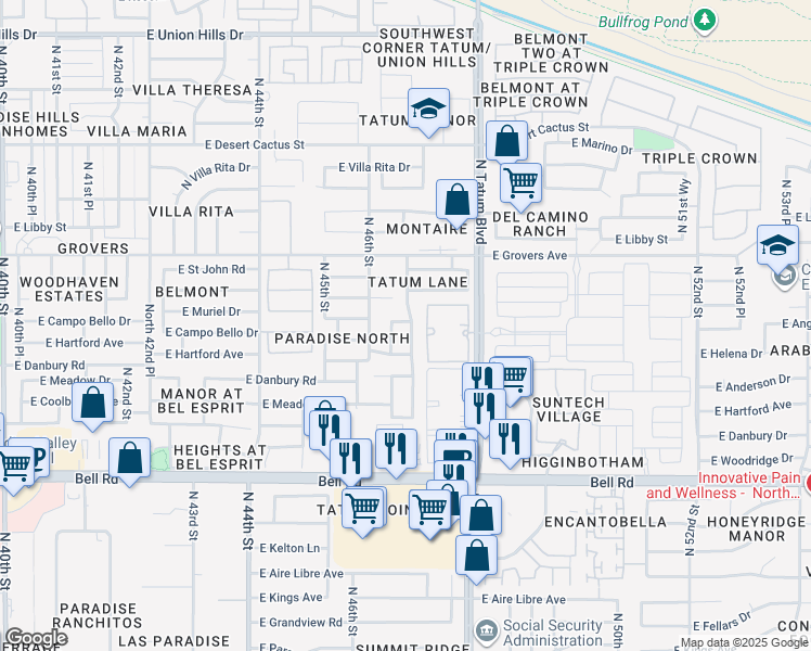 map of restaurants, bars, coffee shops, grocery stores, and more near 17442 North 47th Street in Phoenix