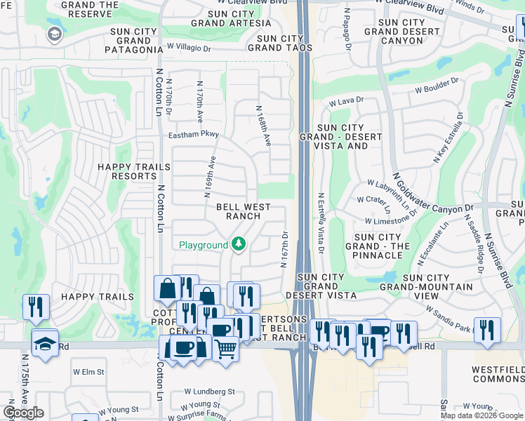 map of restaurants, bars, coffee shops, grocery stores, and more near 17696 North 168th Drive in Surprise