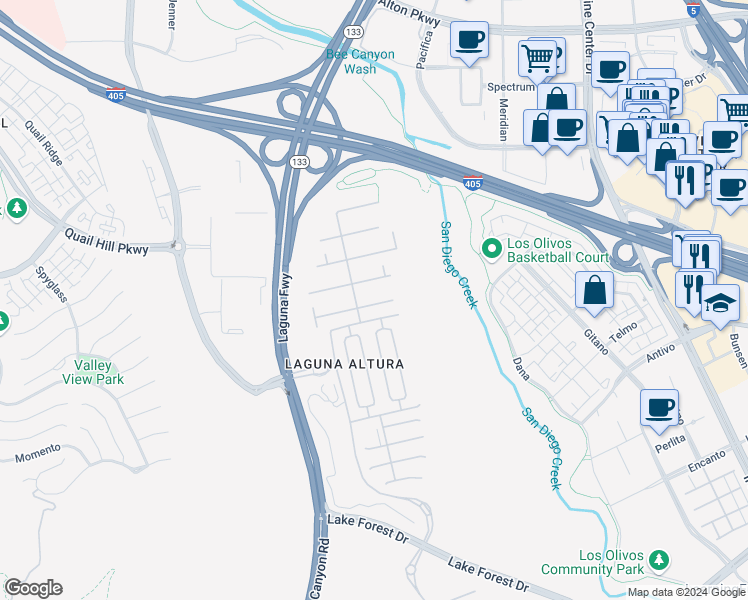 map of restaurants, bars, coffee shops, grocery stores, and more near 83 Cipresso in Irvine
