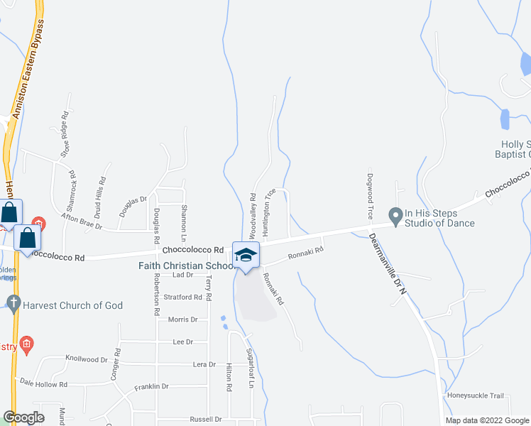 map of restaurants, bars, coffee shops, grocery stores, and more near 123 Huntington Trce in Anniston