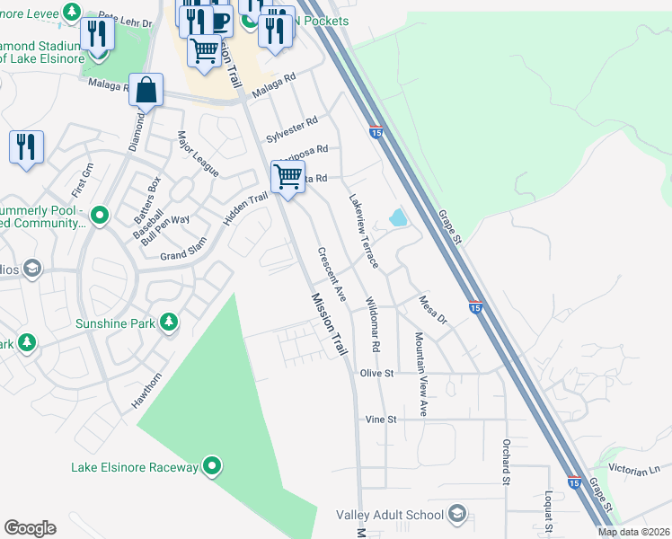 map of restaurants, bars, coffee shops, grocery stores, and more near 21025 Sedco Boulevard in Lake Elsinore
