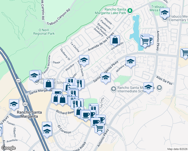 map of restaurants, bars, coffee shops, grocery stores, and more near 28 Coralino in Rancho Santa Margarita