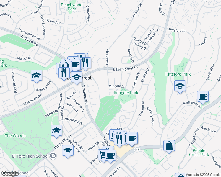 map of restaurants, bars, coffee shops, grocery stores, and more near 25652 Rimgate Drive in Lake Forest