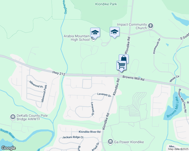 map of restaurants, bars, coffee shops, grocery stores, and more near 6610 Browns Mill Road in Lithonia