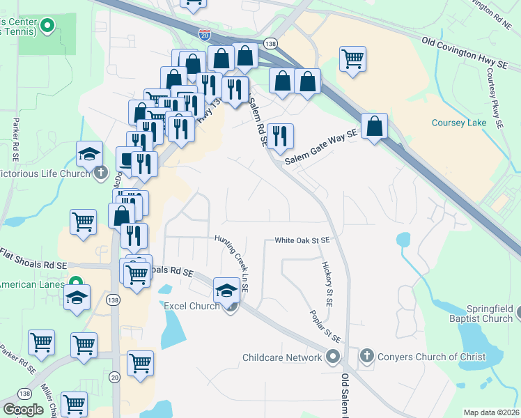 map of restaurants, bars, coffee shops, grocery stores, and more near 1241 Maple Street Southeast in Conyers