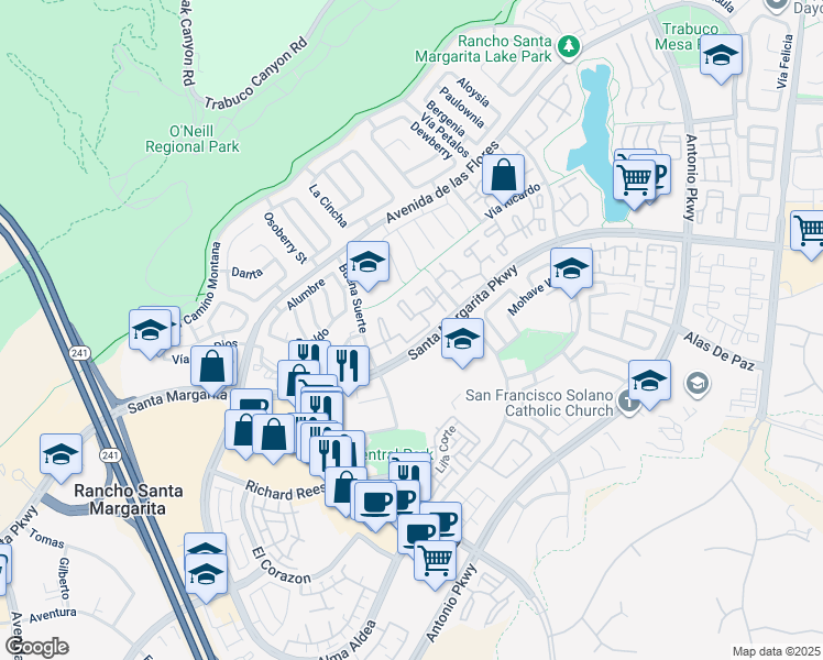 map of restaurants, bars, coffee shops, grocery stores, and more near 28 Coralino in Rancho Santa Margarita