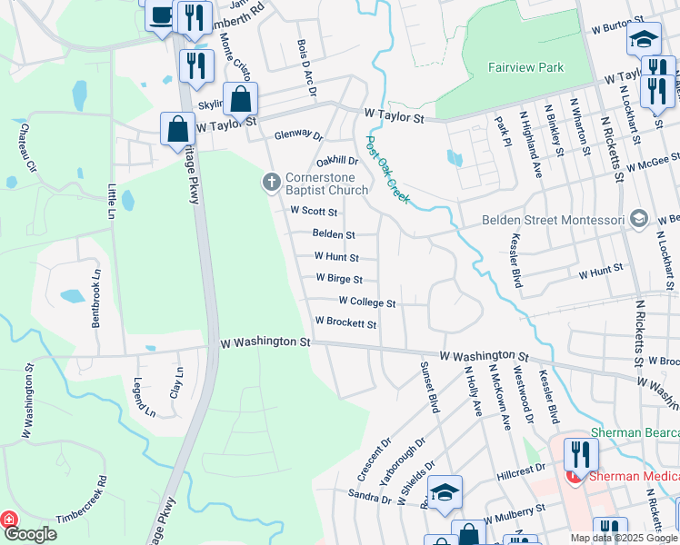 map of restaurants, bars, coffee shops, grocery stores, and more near 1801 West College Street in Sherman